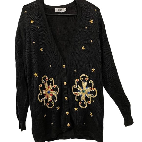 L.L. European Fashion Vintage 80s Bedazzled Holiday Retro Long Gaudy Cardigan - Picture 1 of 7